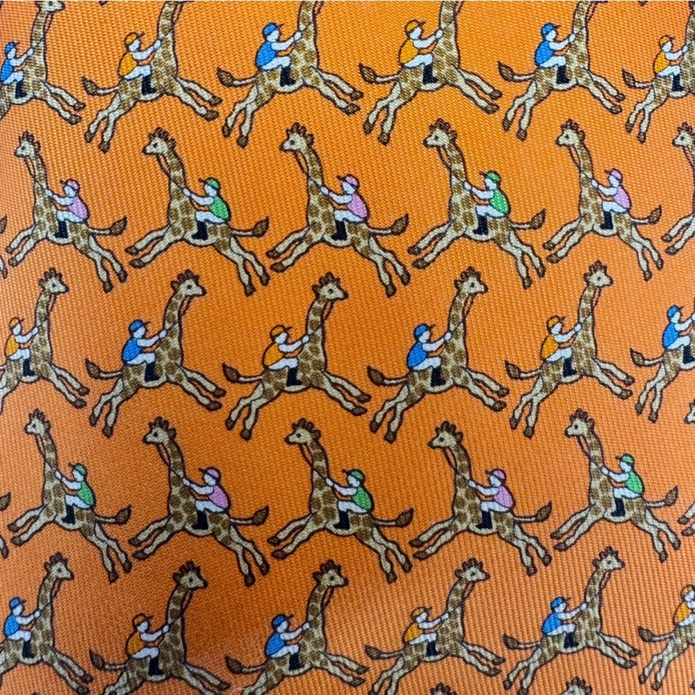 Authentic HERMÈS Paris Silk Tie 5440 FA "Sophie" Giraffe Jockeys Orange